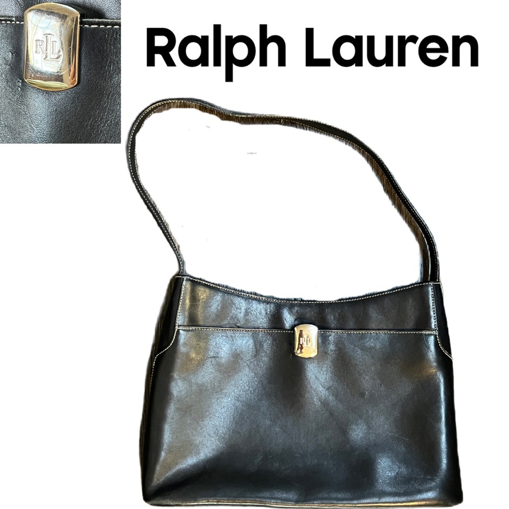 Ralph Lauren Black Leather Shoulder Bag with Silver RL Clasp - Picture 1 of 12